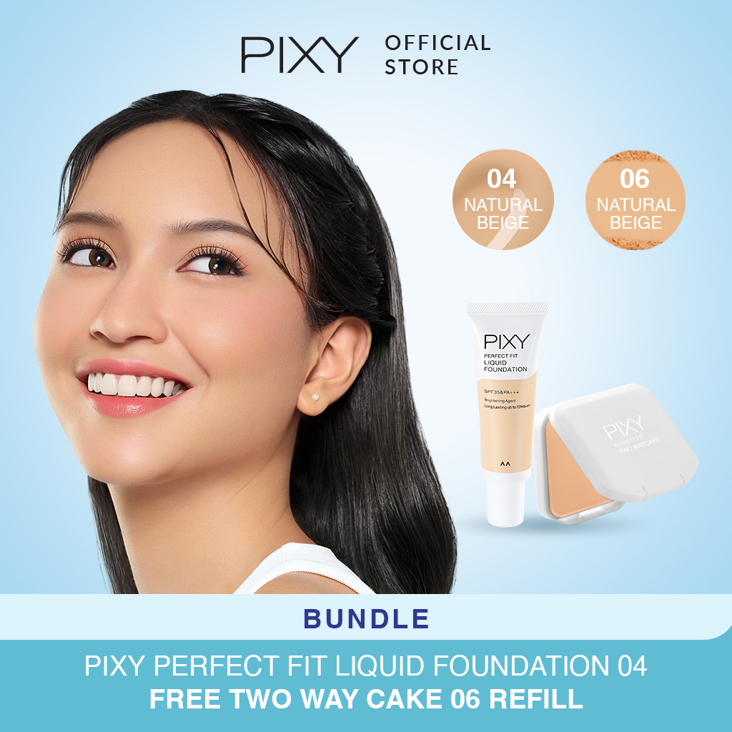 Pixy (Buy1 Free1) Perfect Fit Liquid Foundation 04 Natural Beige + Two Way Cake Refill 06 Natural Beige*