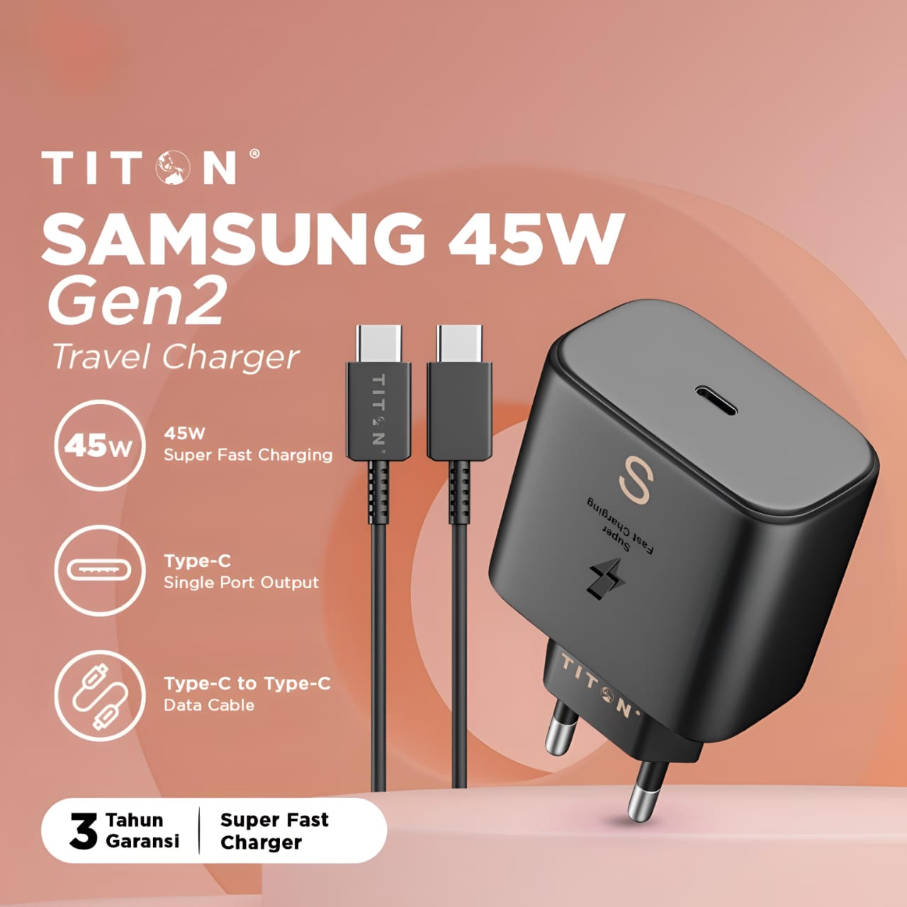 Titon Gen2 Travel Charger Samsung 45W + Kabel Type-C to Type-C Titon Gen2 Travel Charger Samsung 45W + Kabel Type-C to Type-C
