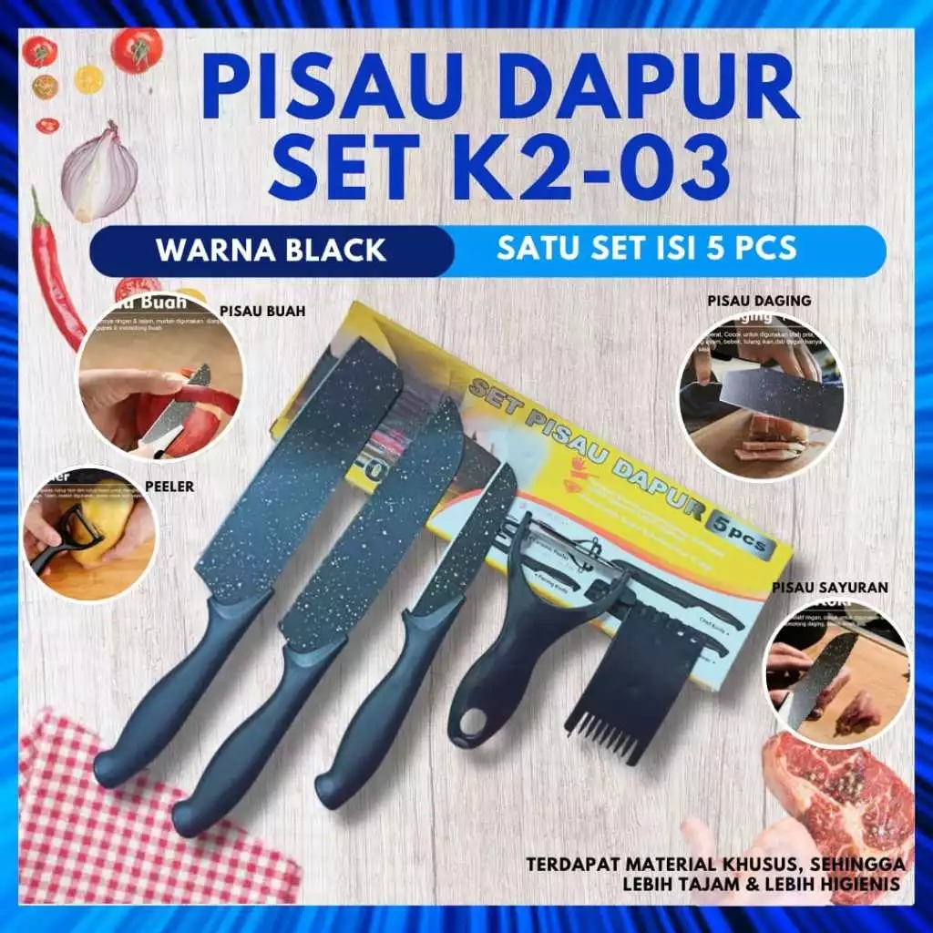 Pisau Set Hitam 5in1 (3 Pisau + Peeler + Serrated Cutter) Pisau Set Hitam 5in1 (3 Pisau + Peeler + Serrated Cutter)