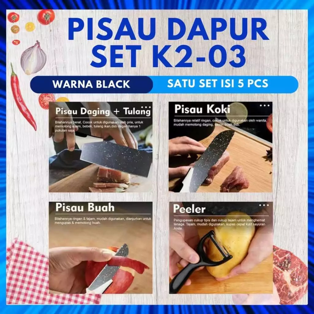 Pisau Set Hitam 5in1 (3 Pisau + Peeler + Serrated Cutter)