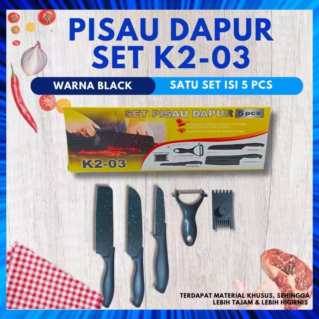 Pisau Set Hitam 5in1 (3 Pisau + Peeler + Serrated Cutter)