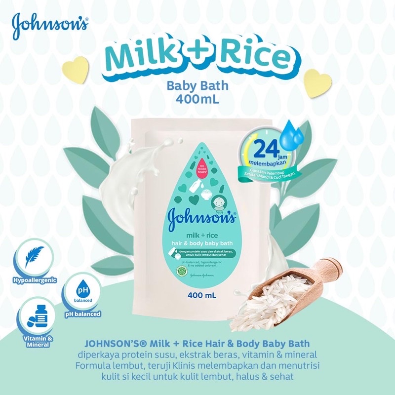 Johnsons Baby Hair & Body Baby Bath - Milk Rice REFILL 400ml