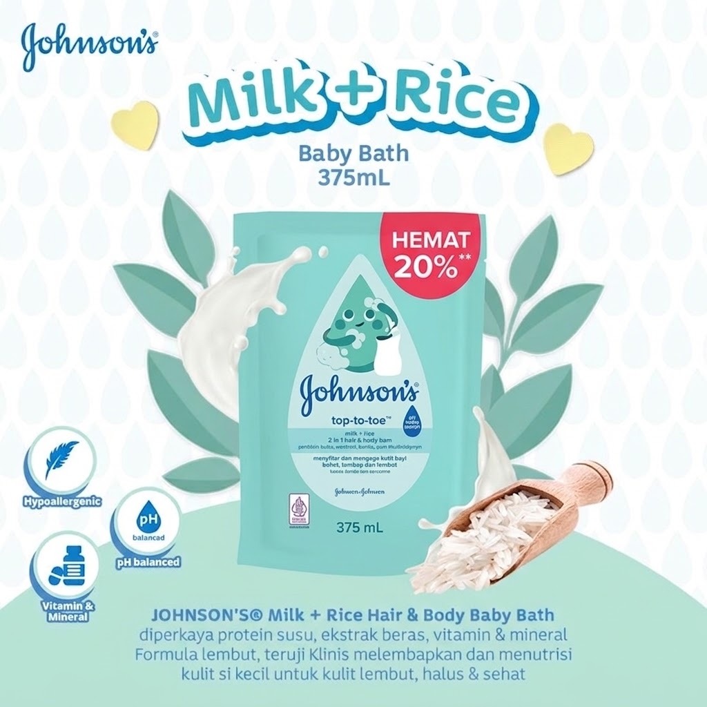 Johnsons Baby Hair & Body Baby Bath - Milk Rice REFILL 375ml