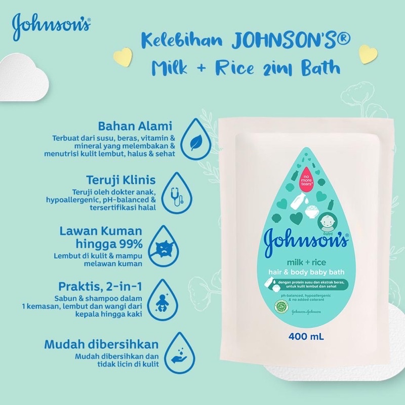 Johnsons Baby Hair & Body Baby Bath - Milk Rice REFILL 400ml