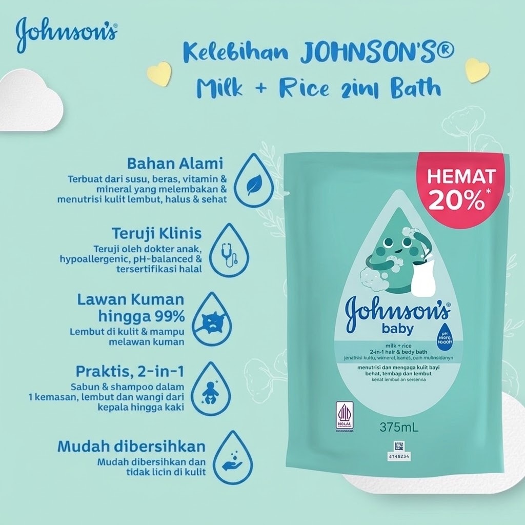 Johnsons Baby Hair & Body Baby Bath - Milk Rice REFILL 375ml