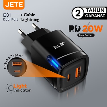 JETE Charger E31 Adaptor USB-C & USB-A + Kabel Type C to Lightning (20W) JETE Charger E31 Adaptor USB-C & USB-A + Kabel Type C to Lightning (20W)