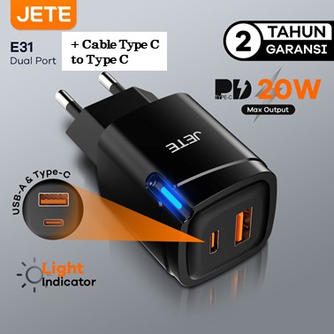 JETE Charger E31 Adaptor USB-C & USB-A + Kabel Type C to Type C (20W) JETE Charger E31 Adaptor USB-C & USB-A + Kabel Type C to Type C (20W)