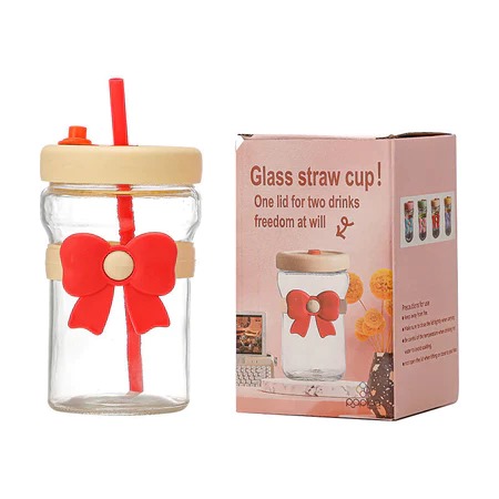 Botol Minum Kaca PITA 400ml - (Tumbler Cup Free Sedotan + Box)