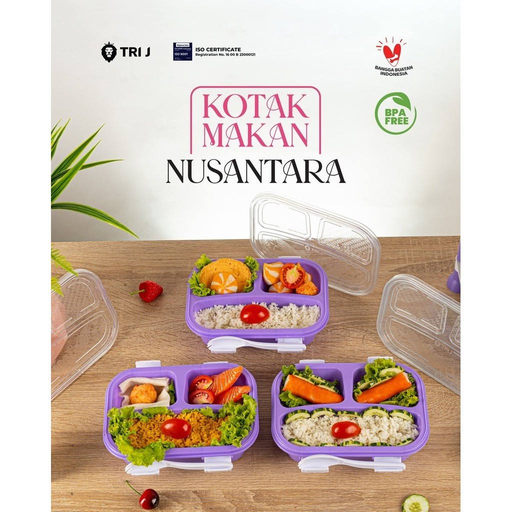 TRI J - Lunch Box Nusantara - UNGU (Kotak Makan Bento 3 Sekat + Sendok)