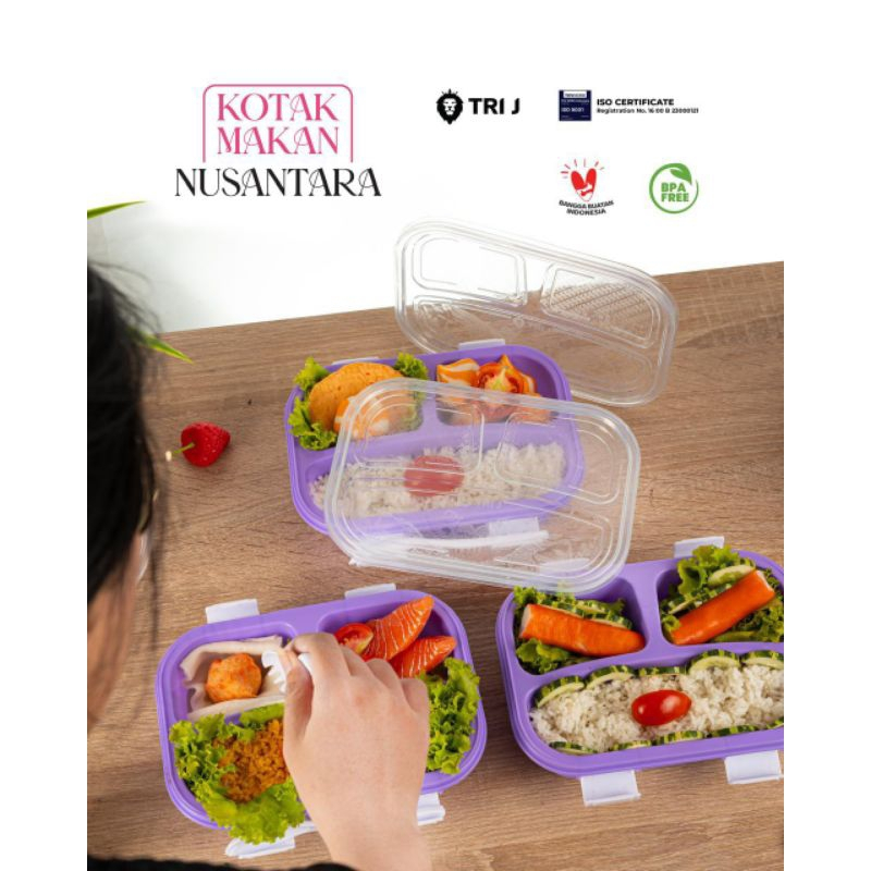 TRI J - Lunch Box Nusantara - UNGU (Kotak Makan Bento 3 Sekat + Sendok)
