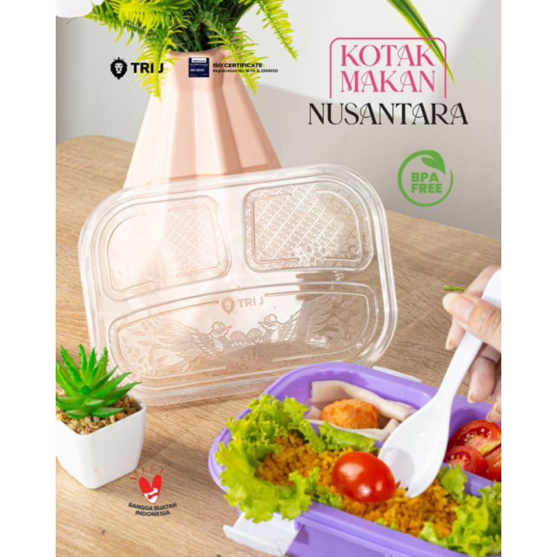 TRI J - Lunch Box Nusantara - UNGU (Kotak Makan Bento 3 Sekat + Sendok)