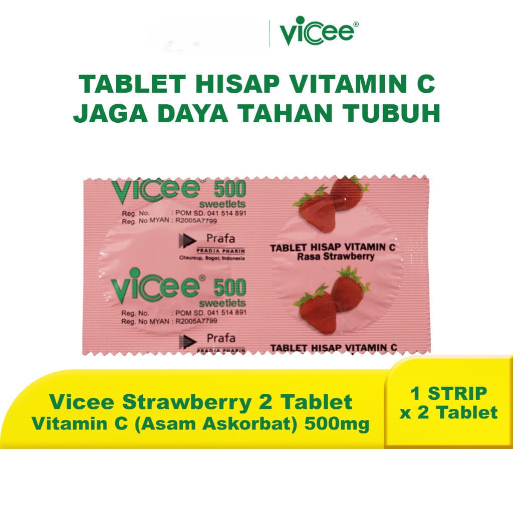 Vicee 500 Sweetlets Tablet Hisap Vitamin C (1 Strip 2 Tablet) - Rasa Strawberry