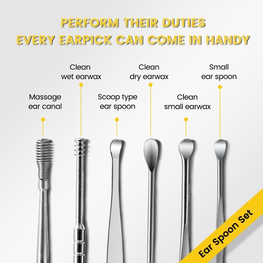 Earpick Stainless Set 6in1 + POUCH Dompet Mini (Korek Kuping / Alat Pembersih Telinga)