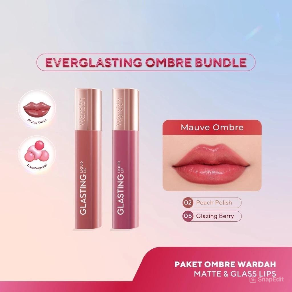 BUNDLING Wardah Glasting Liquid Lip 3.5gr 02 Peach Polish + 05 Glazing Berry