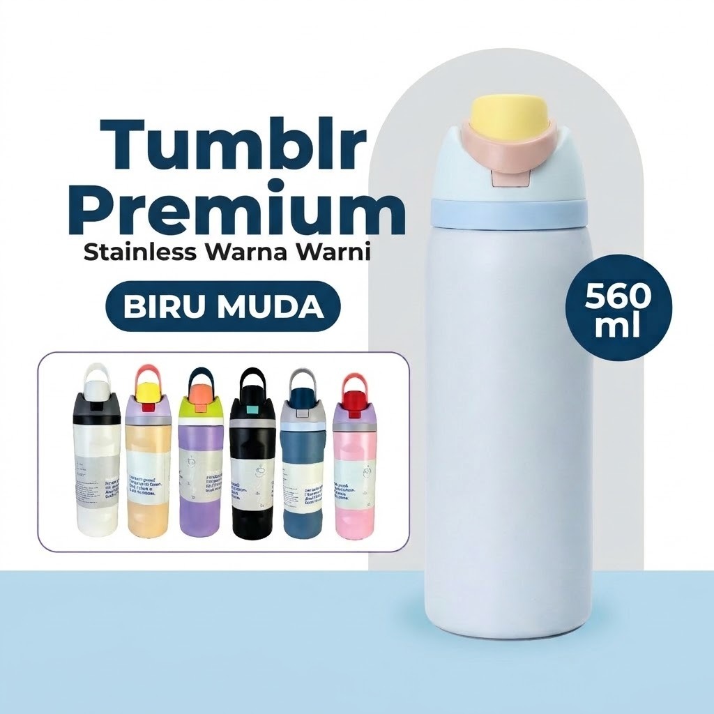 Tumblr Premium Stainless Warna Warni 560ml (2376) - BIRU MUDA (Botol Tahan Panas Dingin)