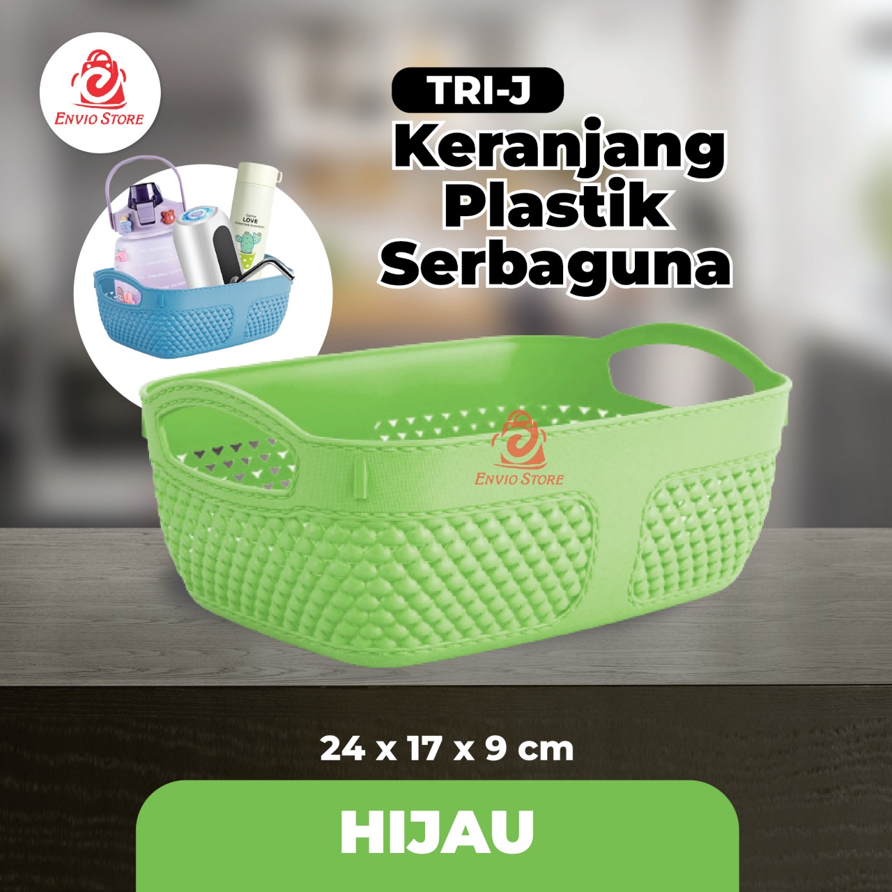 TRI J - Keranjang Plastik Serbaguna 24 x 17 x 9 cm - HIJAU