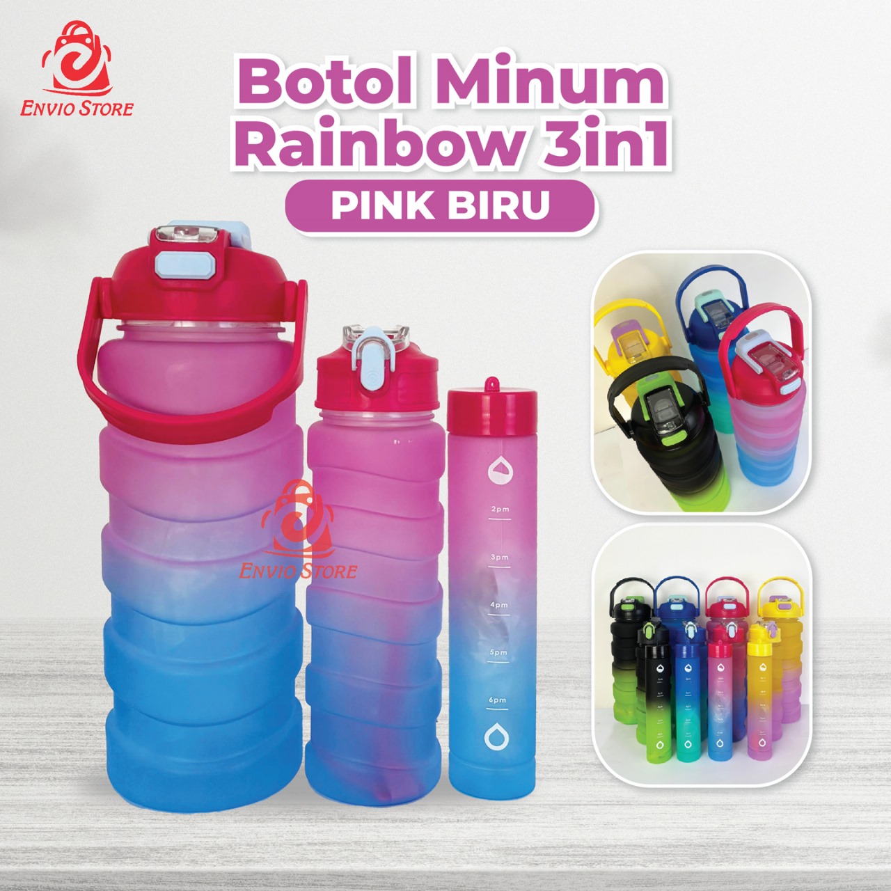 Botol Minum Rainbow 3in1 - Botol Isi 3 (Free Sedotan) (HX3138) - PINK BIRU