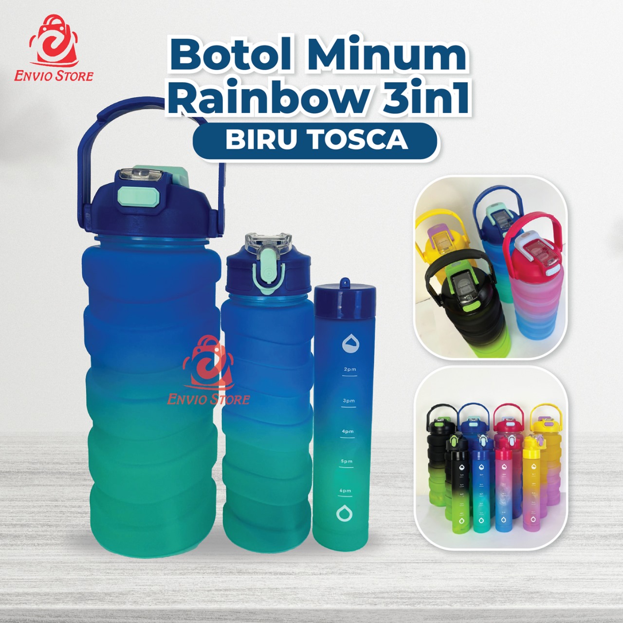 Botol Minum Rainbow 3in1 - Botol Isi 3 (Free Sedotan) (HX3138) - BIRU TOSCA