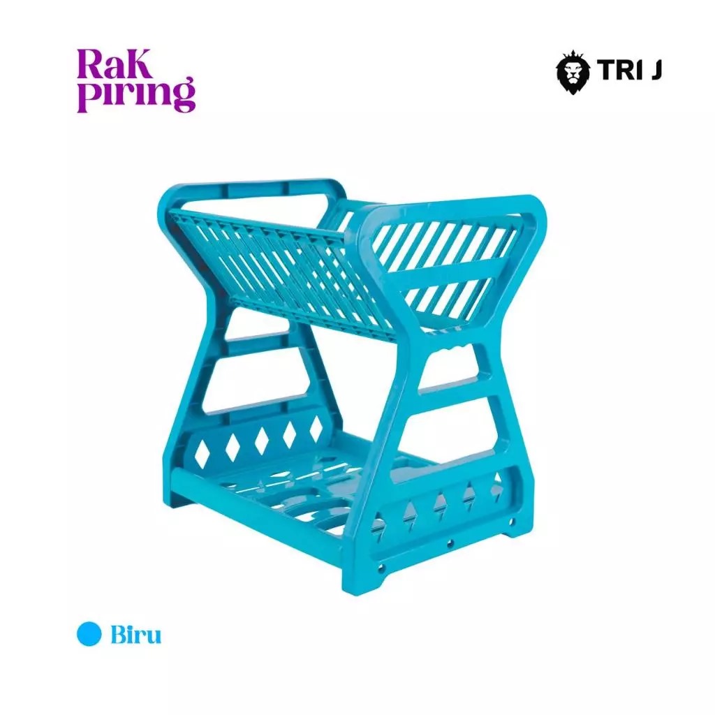 TRI J - Rak Piring Plastik 2 Susun Mini - BIRU (Wadah Piring Gelas Alat Makan)