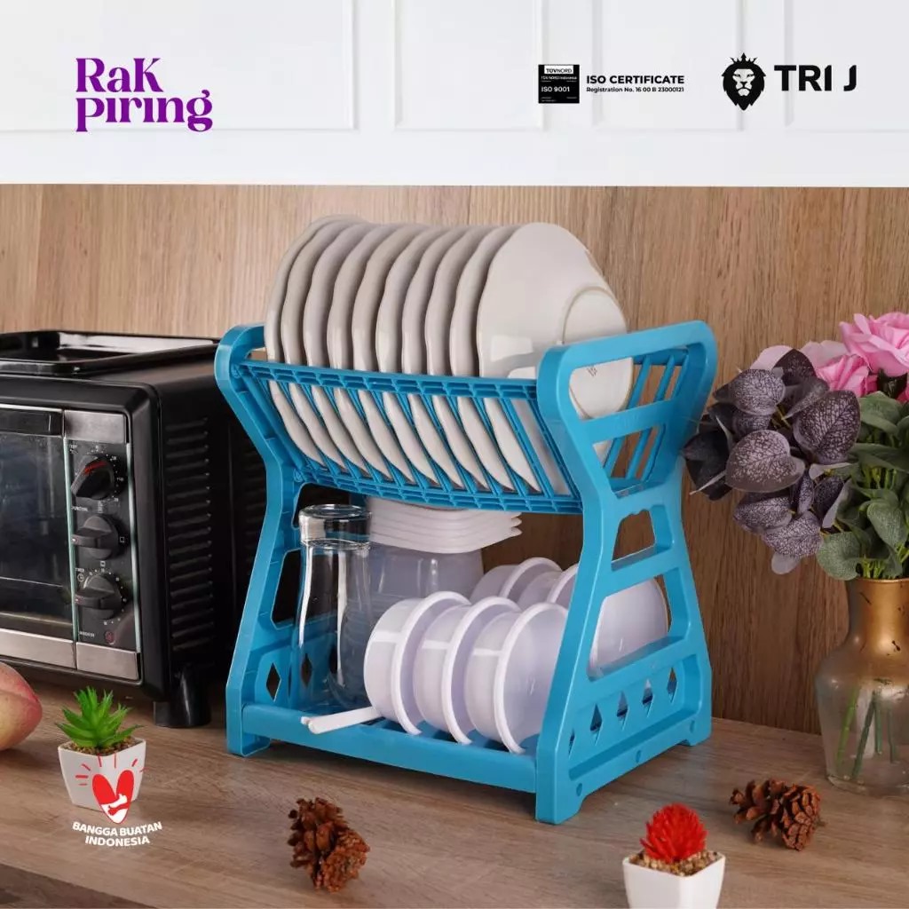 TRI J - Rak Piring Plastik 2 Susun Mini - BIRU (Wadah Piring Gelas Alat Makan)