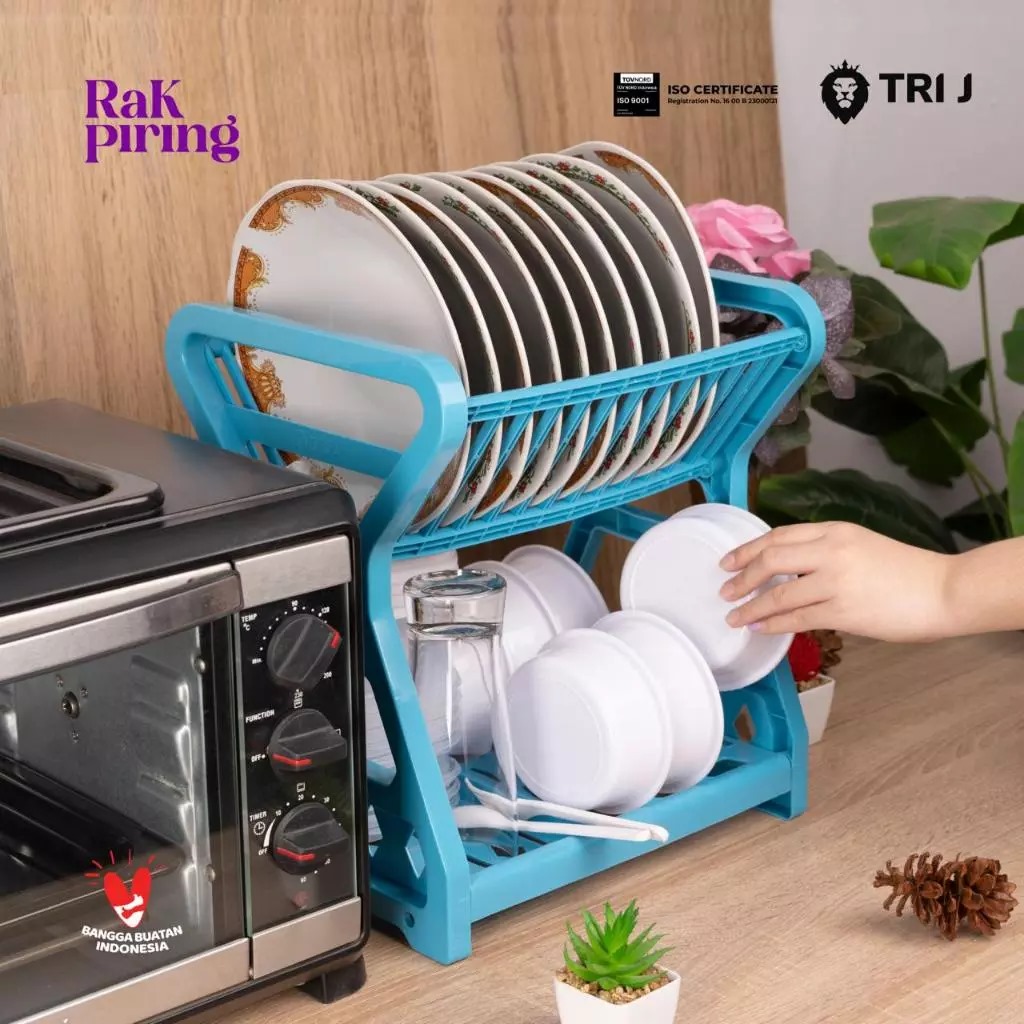 TRI J - Rak Piring Plastik 2 Susun Mini - BIRU (Wadah Piring Gelas Alat Makan)