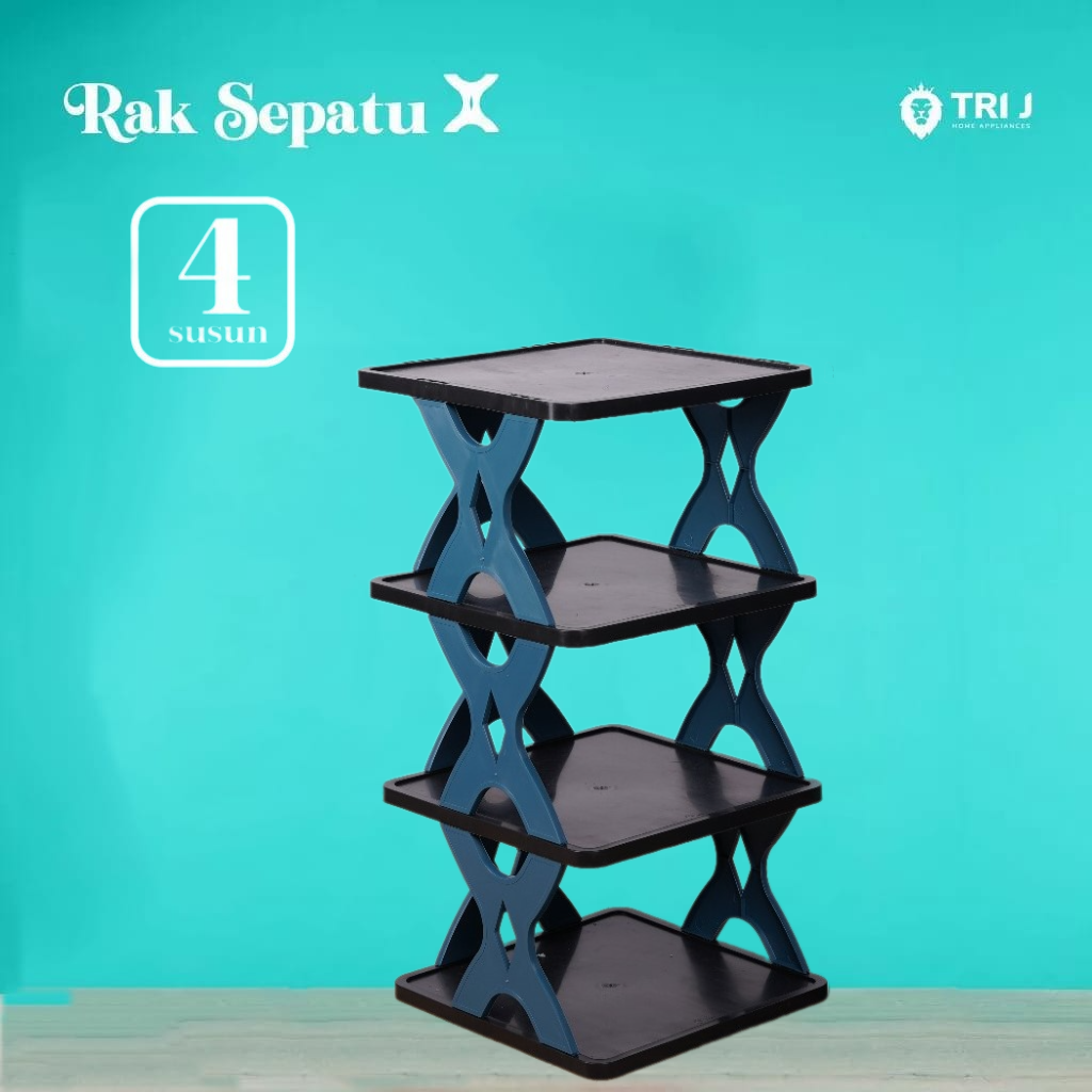 TRI J - Rak Sepatu X 4 Susun Plastik - BIRU LAUT (Rak Portable Sepatu 4 Tingkat)