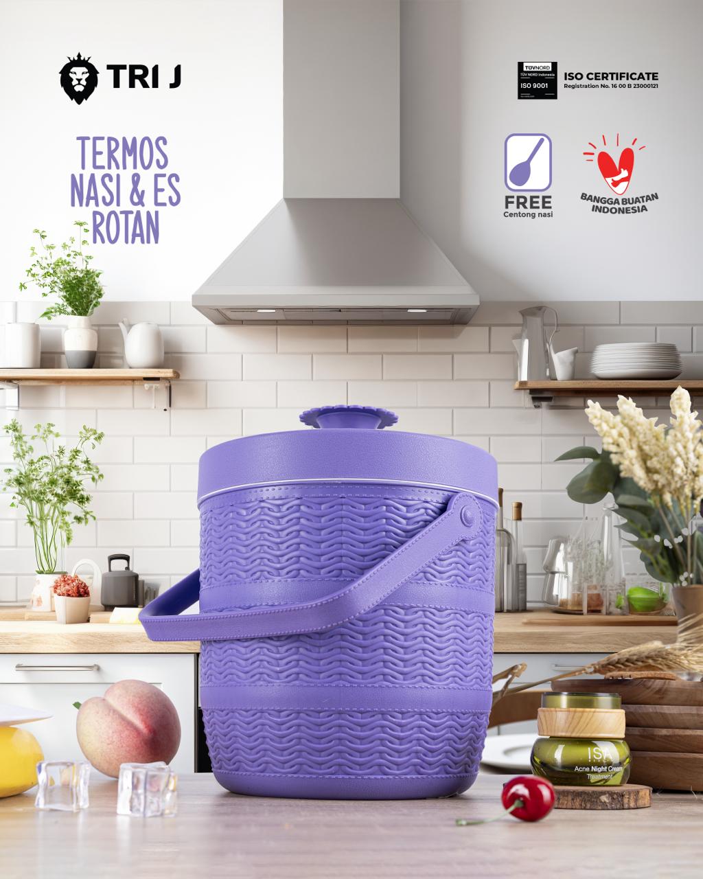 TRI J - Mini Rice Bucket Motif Rotan - BIRU (Termos Nasi & Es) 3,5L (Kode 6.5)