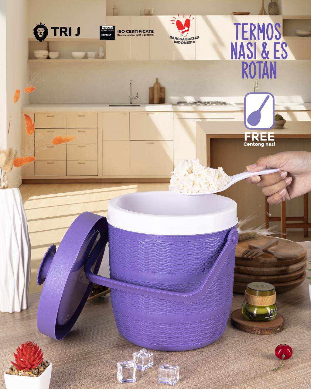 TRI J - Mini Rice Bucket Motif Rotan - BIRU (Termos Nasi & Es) 3,5L (Kode 6.5)