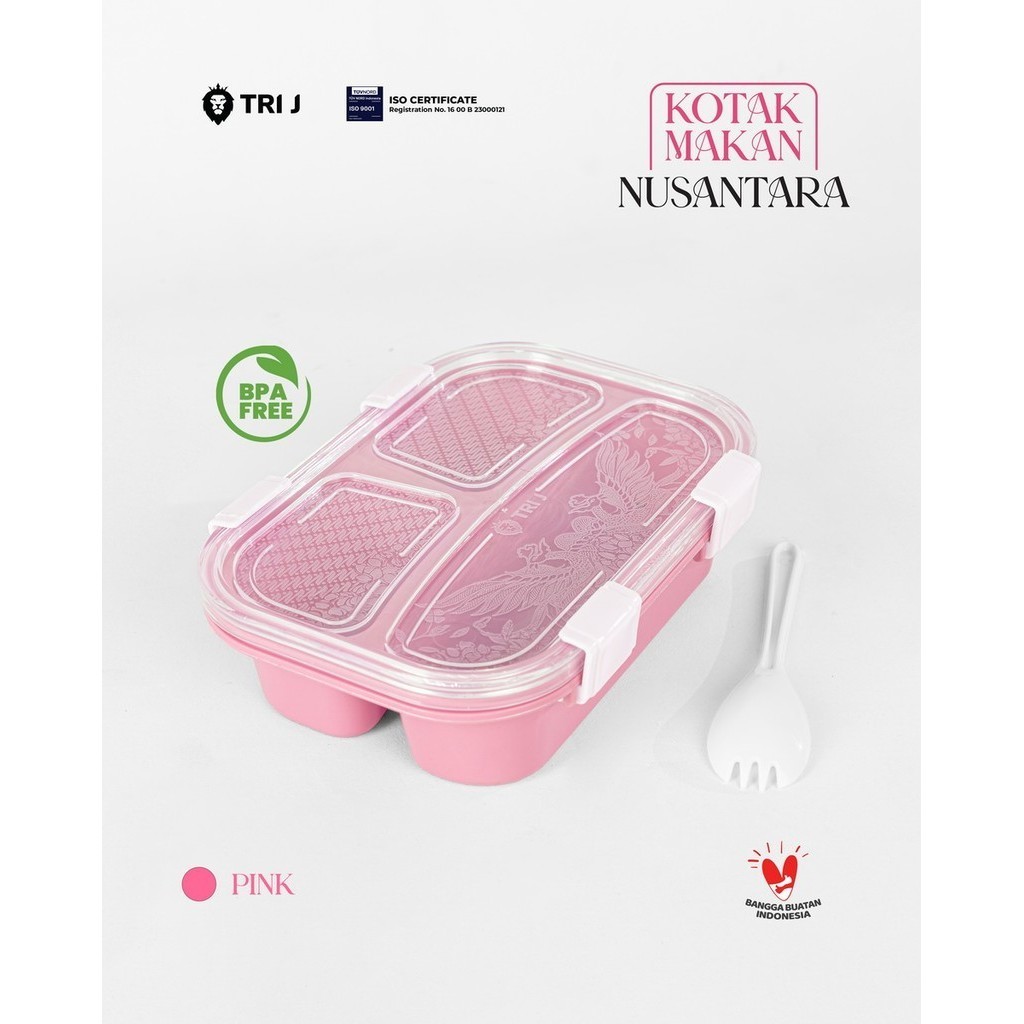 TRI J - Lunch Box Nusantara - PINK (Kotak Makan Bento 3 Sekat + Sendok)