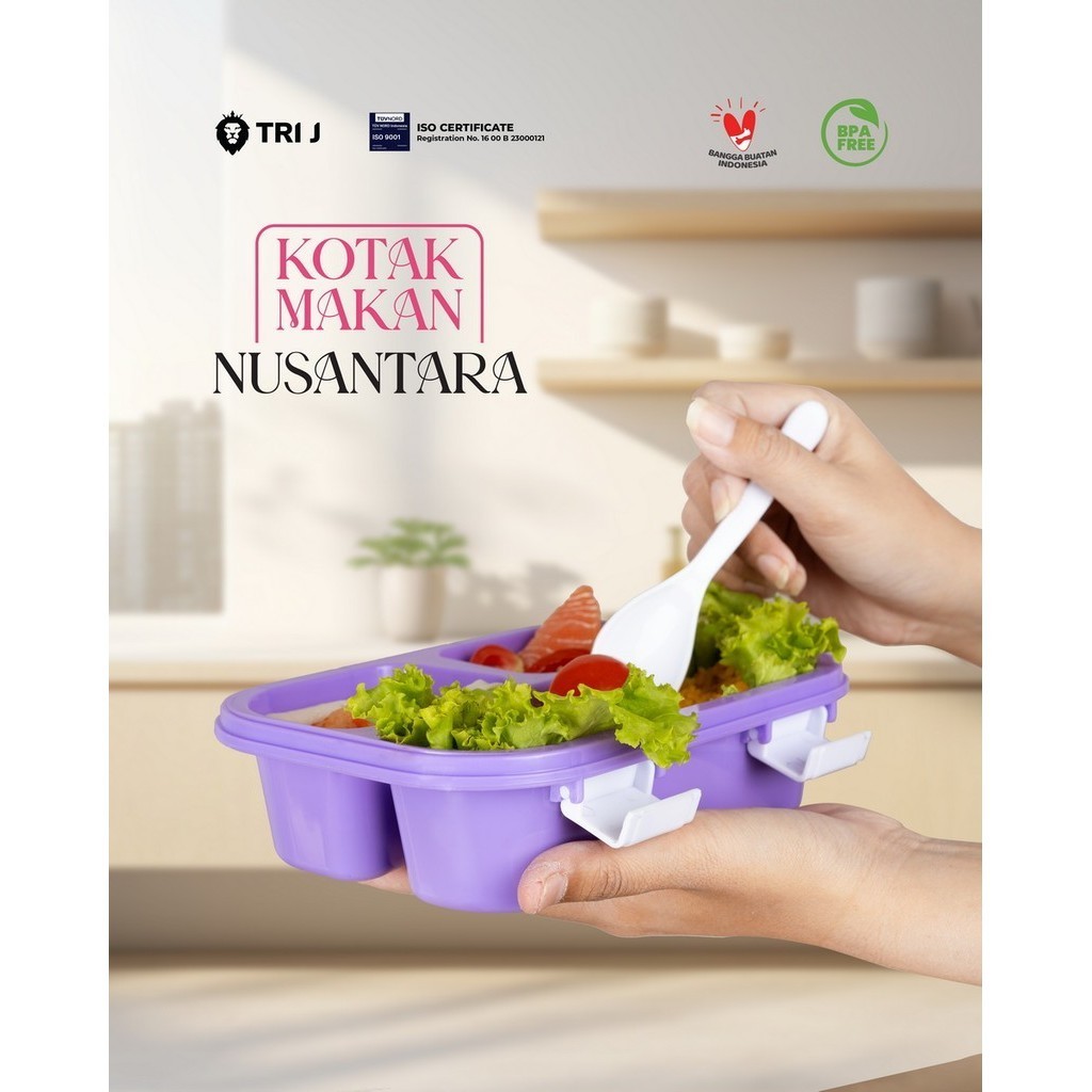 TRI J - Lunch Box Nusantara - PINK (Kotak Makan Bento 3 Sekat + Sendok)