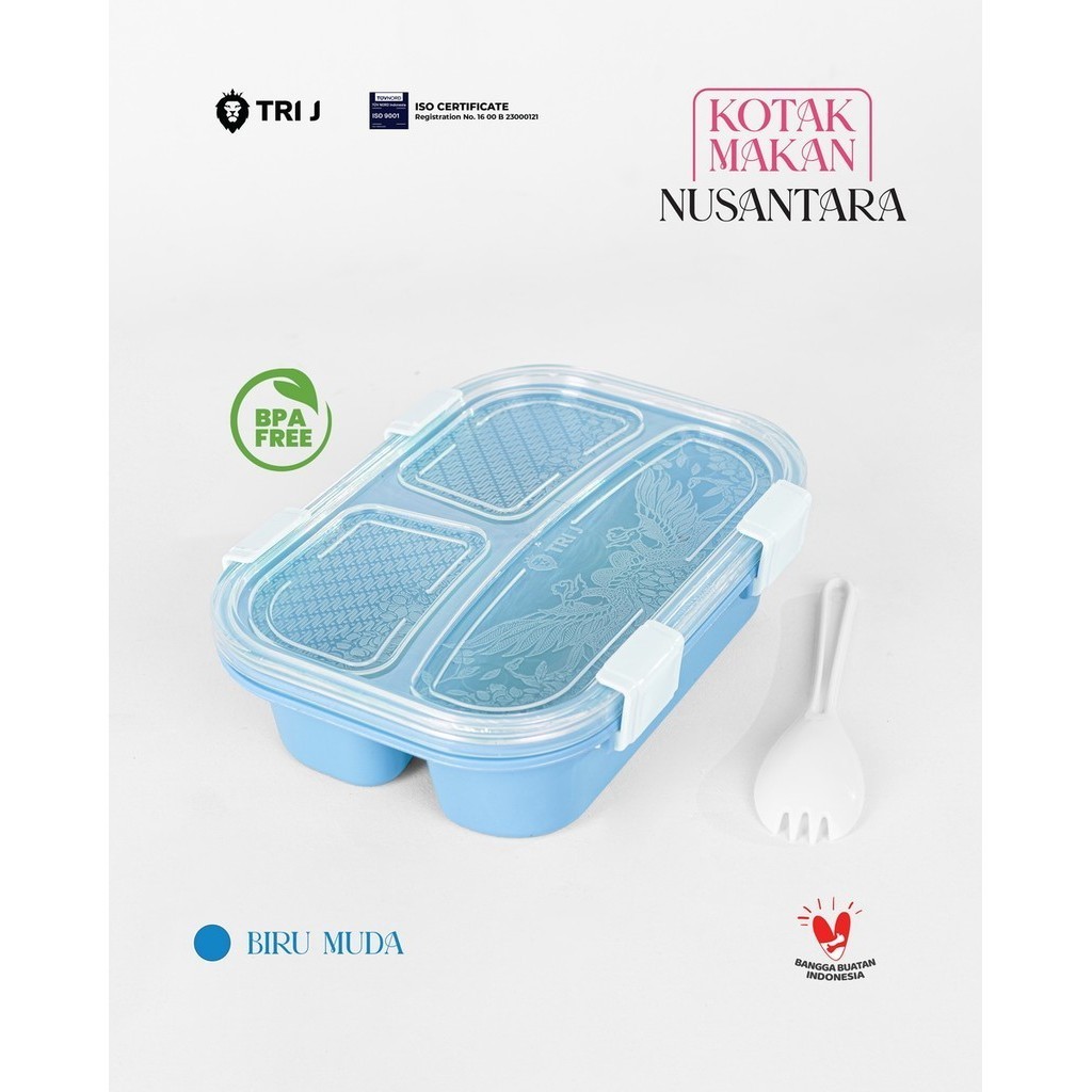 TRI J - Lunch Box Nusantara - PINK (Kotak Makan Bento 3 Sekat + Sendok)