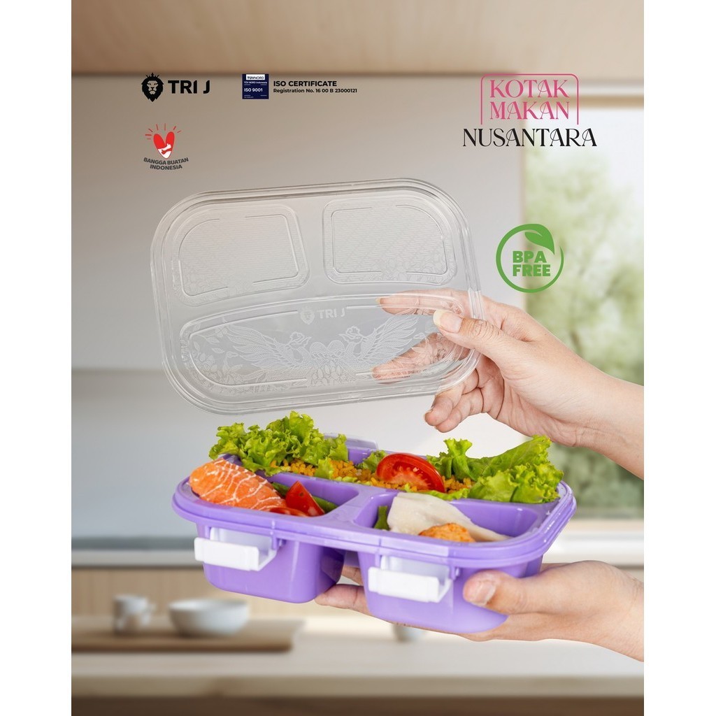 TRI J - Lunch Box Nusantara - BIRU (Kotak Makan Bento 3 Sekat + Sendok)