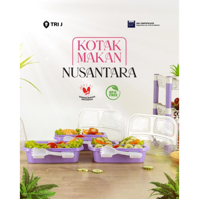 TRI J - Lunch Box Nusantara - BIRU (Kotak Makan Bento 3 Sekat + Sendok)