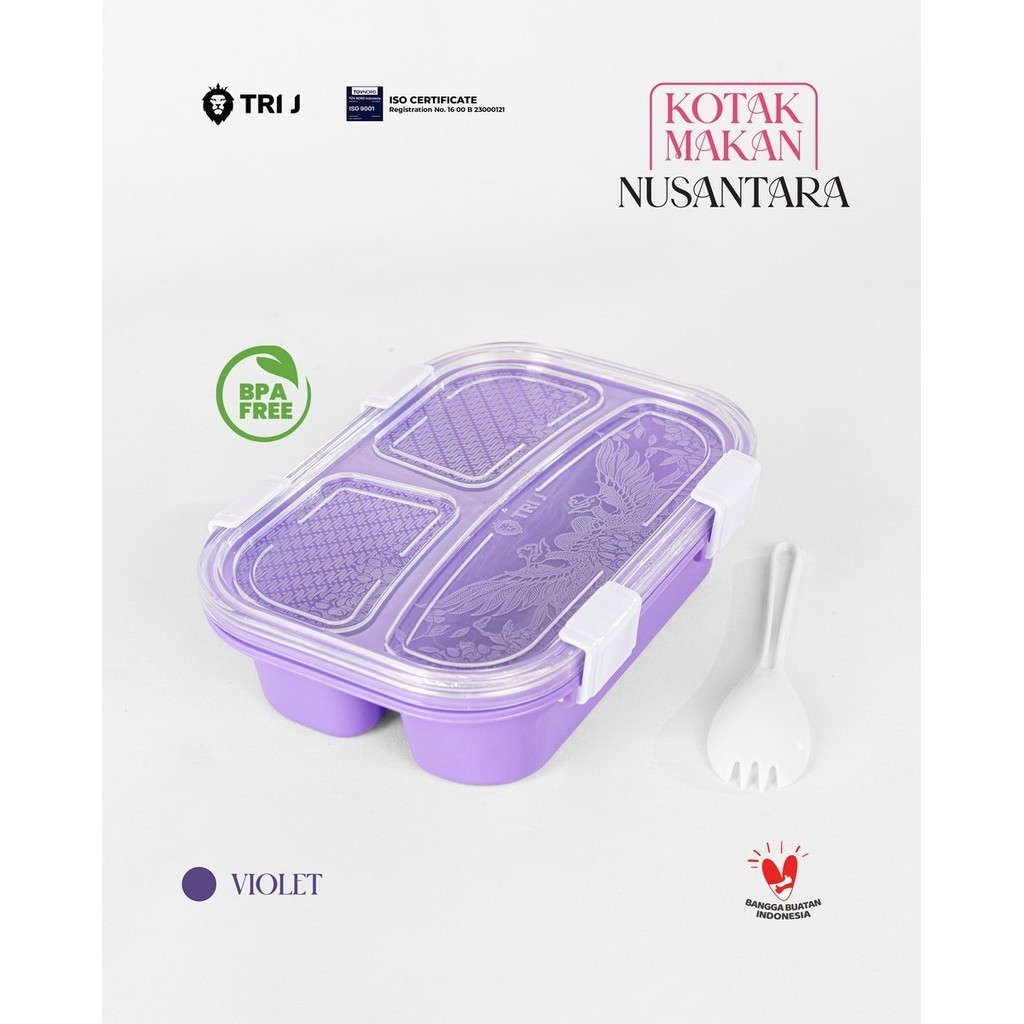 TRI J - Lunch Box Nusantara - BIRU (Kotak Makan Bento 3 Sekat + Sendok)