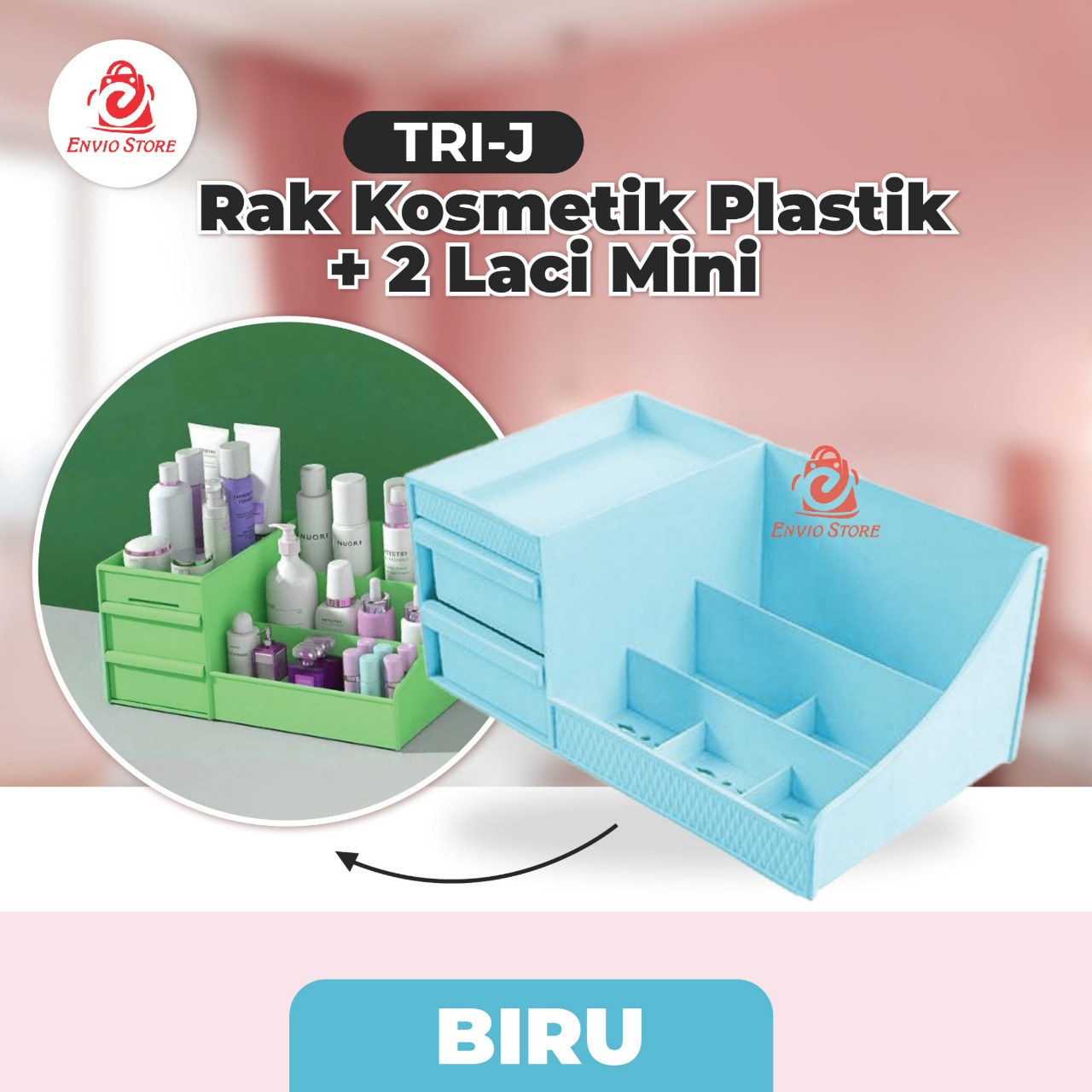 TRI J - Rak Kosmetik Plastik + 2 Laci Mini - BIRU (Makeup Storage)