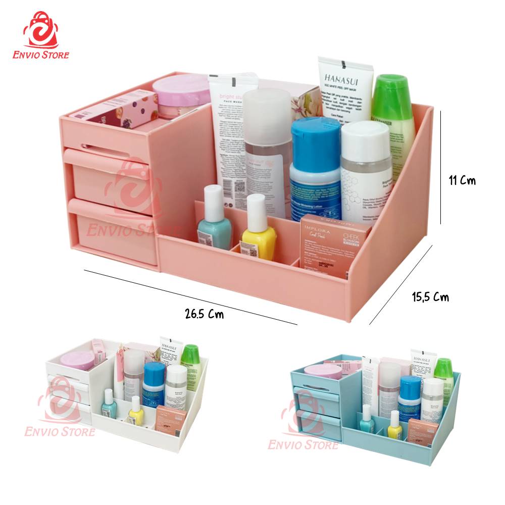 TRI J - Rak Kosmetik Plastik + 2 Laci Mini - BIRU (Makeup Storage)