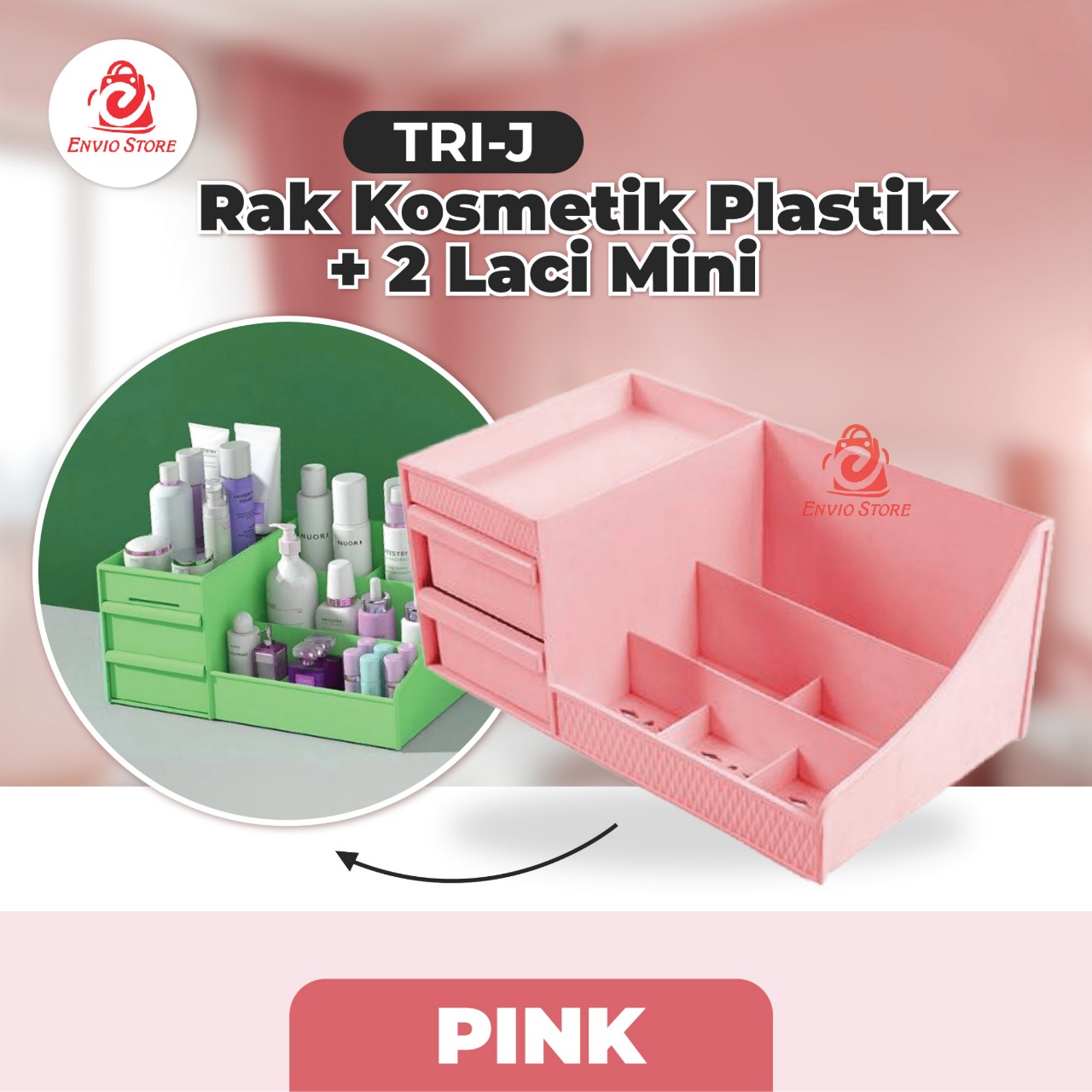 TRI J - Rak Kosmetik Plastik + 2 Laci Mini - PINK (Makeup Storage)