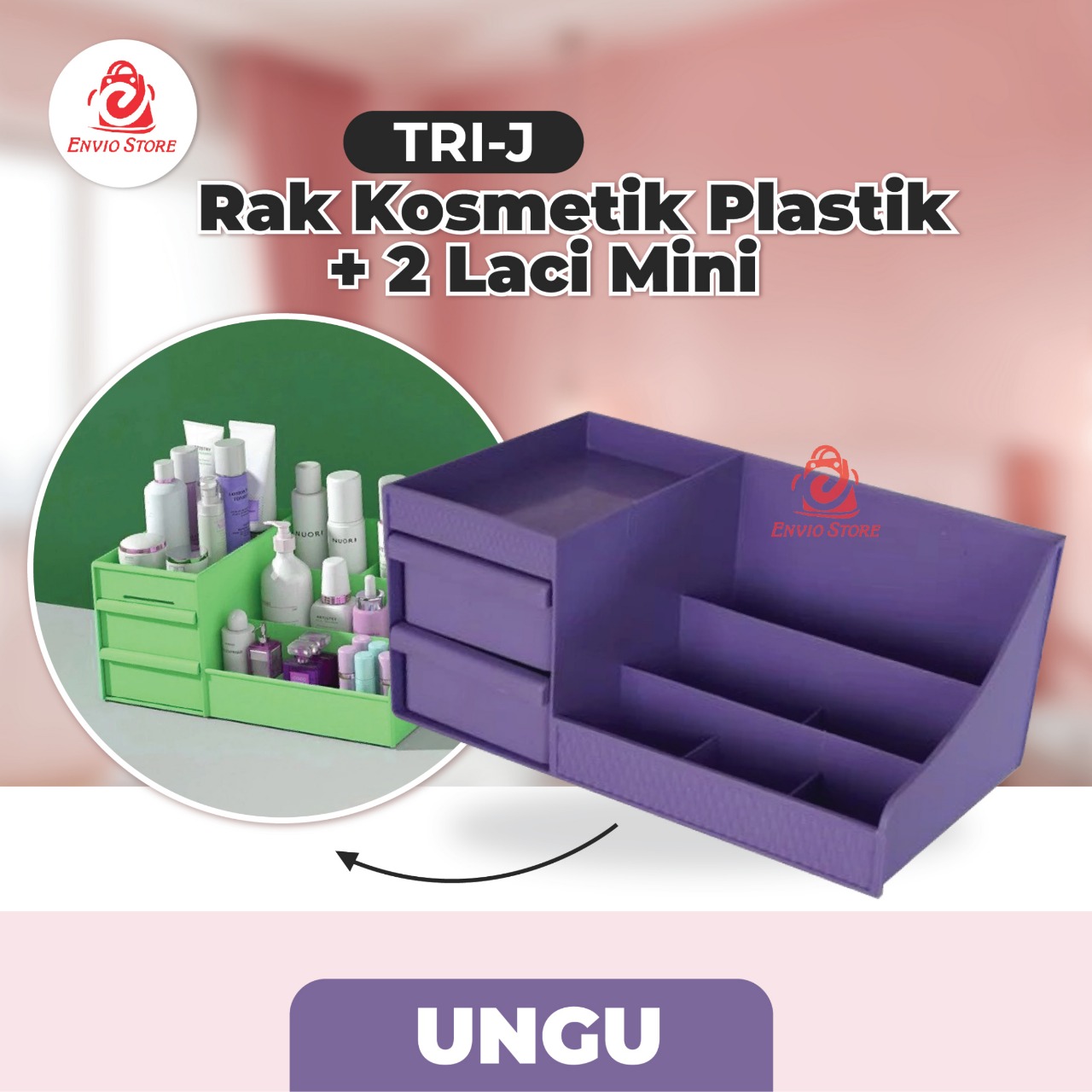 TRI J - Rak Kosmetik Plastik + 2 Laci Mini - UNGU (Makeup Storage)