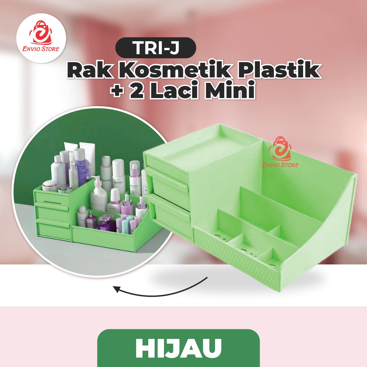 TRI J - Rak Kosmetik Plastik + 2 Laci Mini - HIJAU (Makeup Storage)
