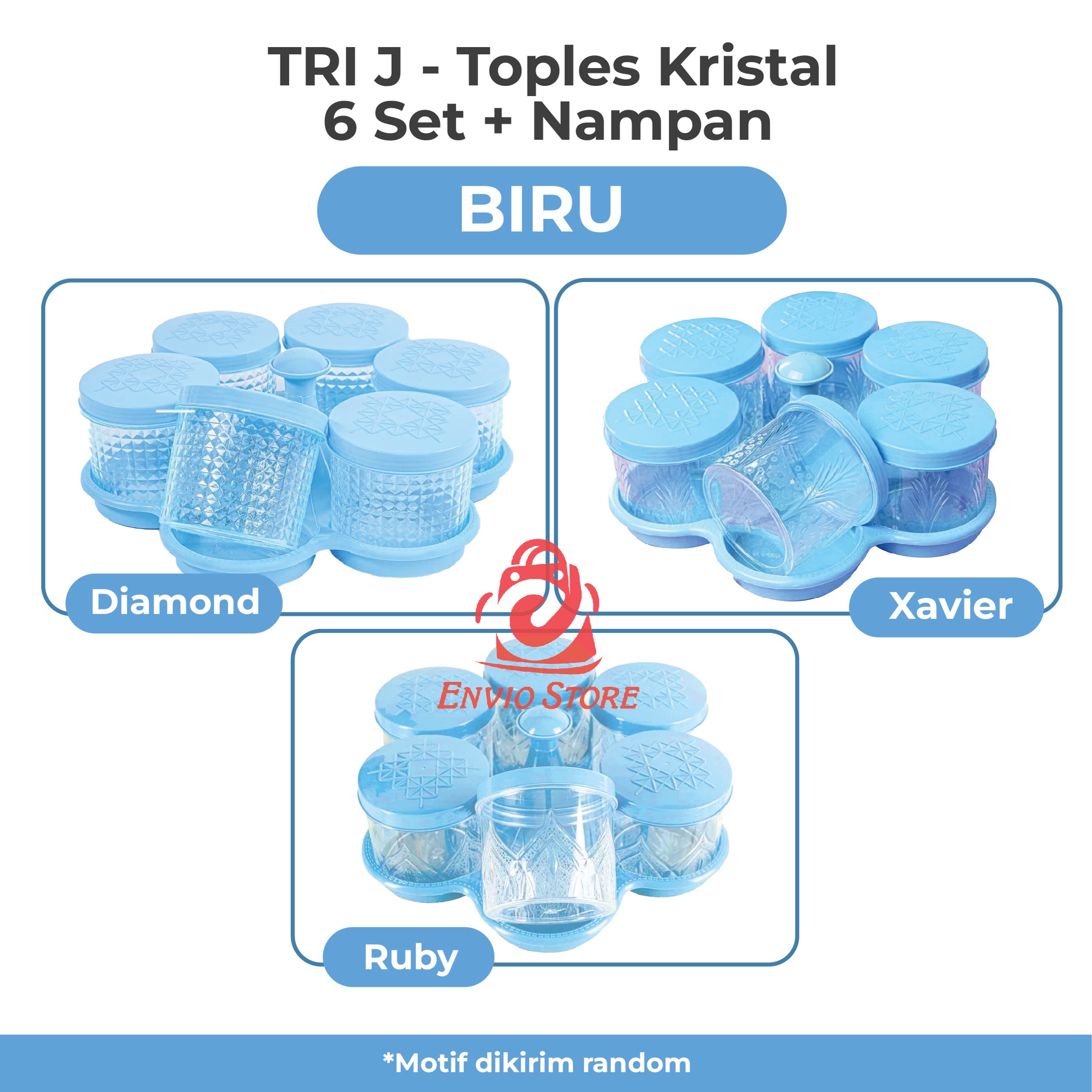 TRI J - Toples Kristal 6 Set + Nampan - BIRU (Toples Snack Lebaran)