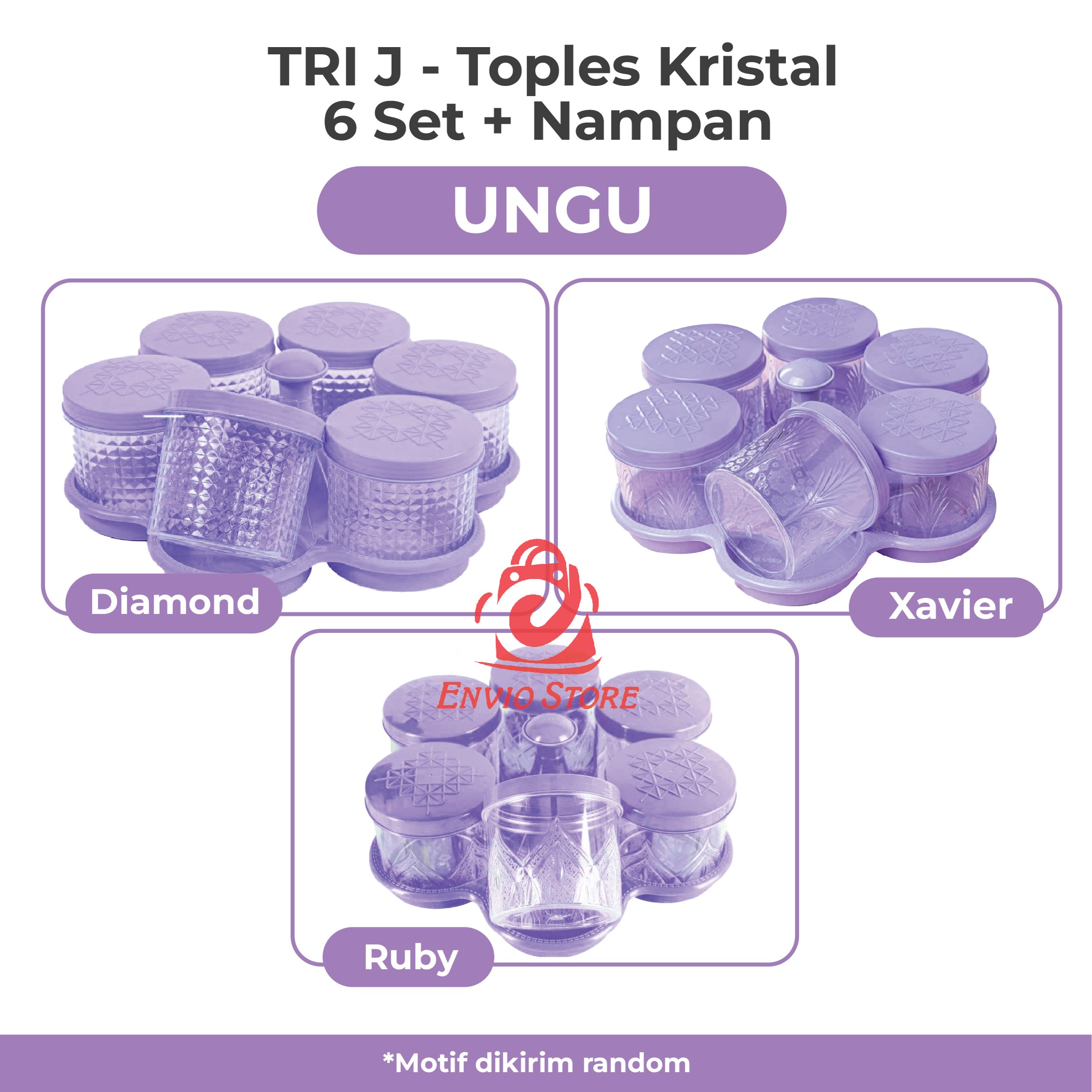 TRI J - Toples Kristal 6 Set + Nampan - UNGU (Toples Snack Lebaran)