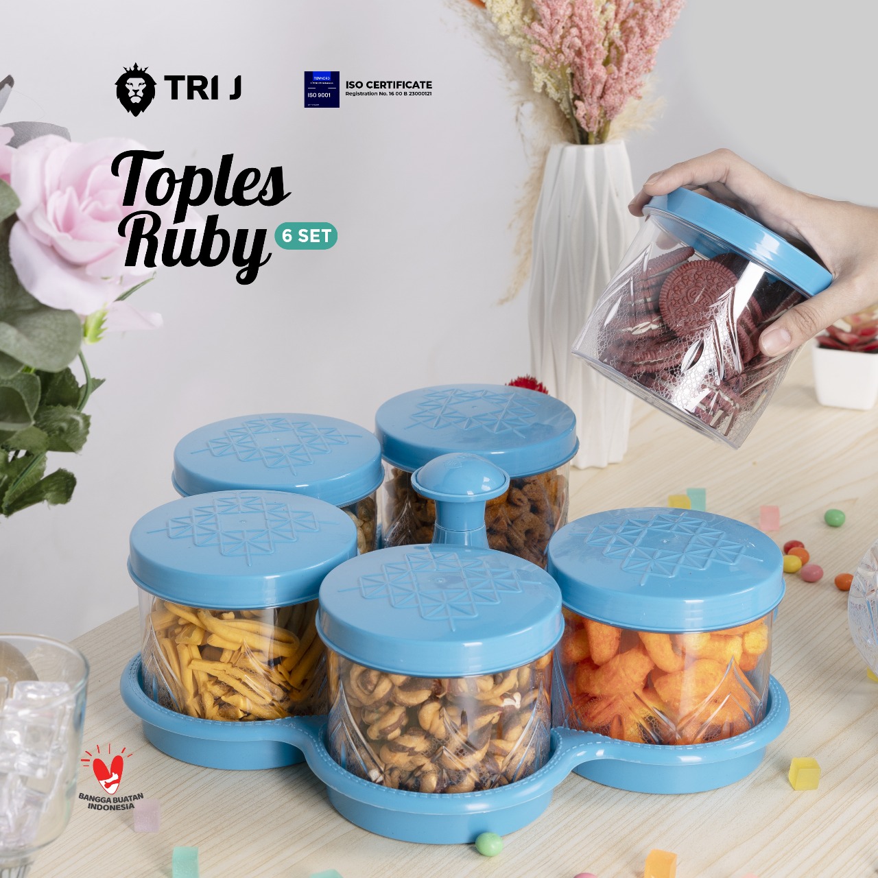 TRI J - Toples Kristal 6 Set + Nampan - HIJAU (Toples Snack Lebaran)