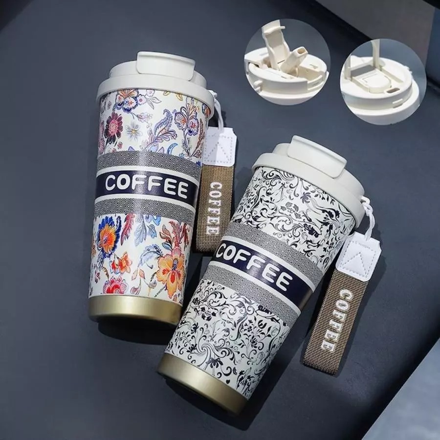 Botol Tumblr Coffee Stainless MOTIF 530ml - PINK (Free Tali Strap + Sedotan) (ST8193)