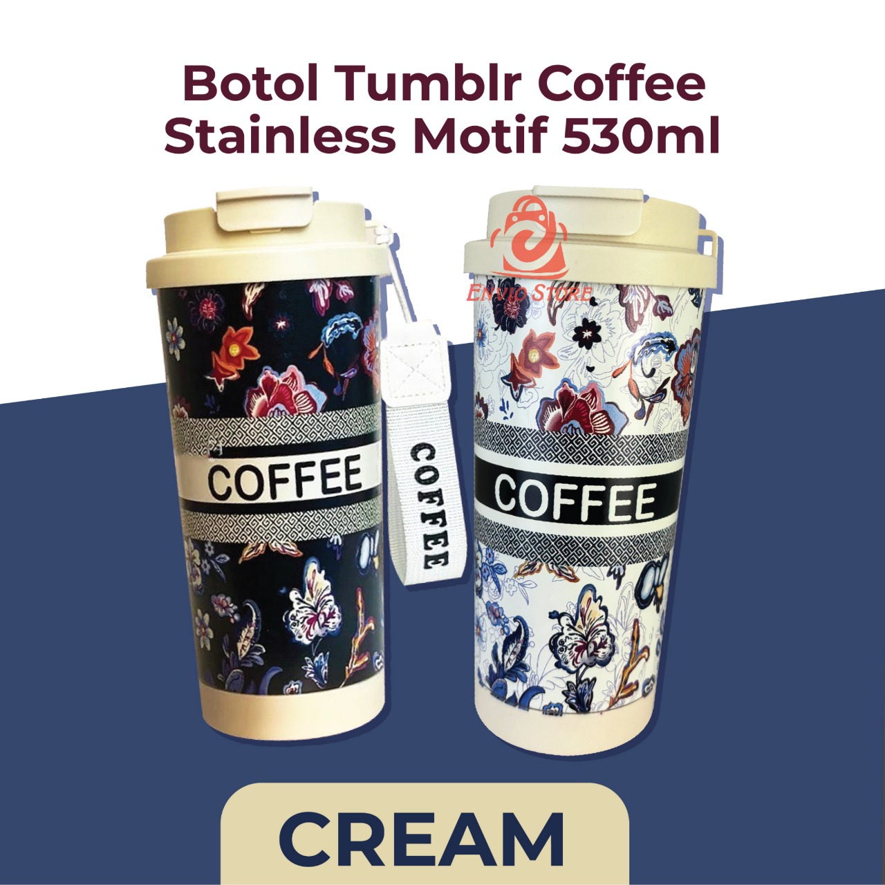Botol Tumblr Coffee Stainless MOTIF 530ml - CREAM (Free Tali Strap + Sedotan) (ST8193)