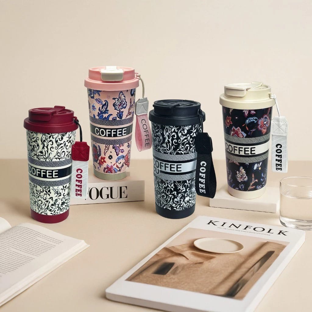 Botol Tumblr Coffee Stainless MOTIF 530ml - CREAM (Free Tali Strap + Sedotan) (ST8193)