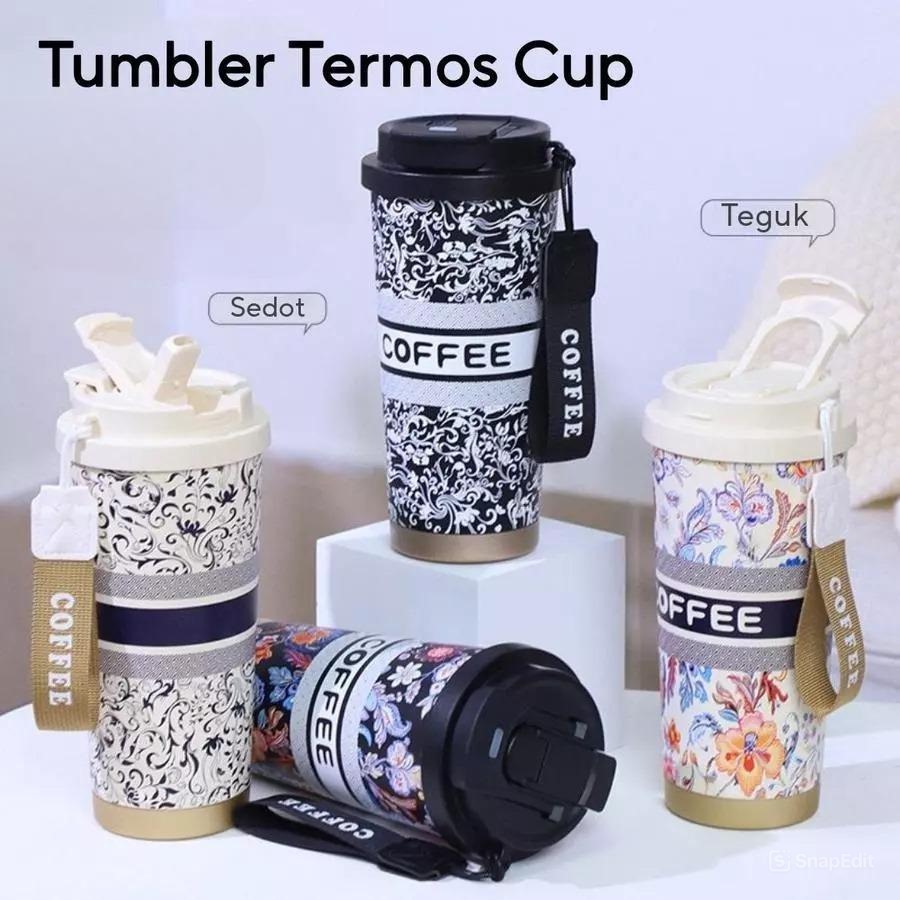 Botol Tumblr Coffee Stainless MOTIF 530ml - CREAM (Free Tali Strap + Sedotan) (ST8193)
