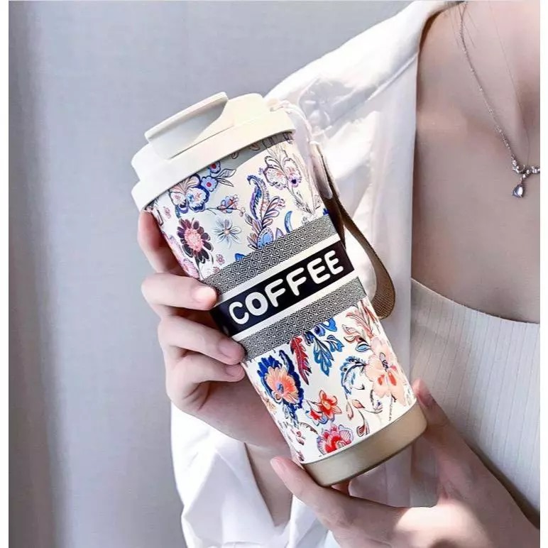 Botol Tumblr Coffee Stainless MOTIF 530ml - CREAM (Free Tali Strap + Sedotan) (ST8193)