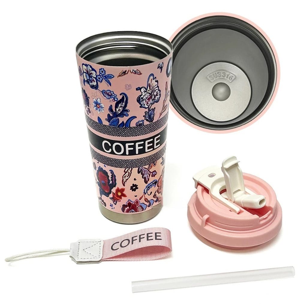 Botol Tumblr Coffee Stainless MOTIF 530ml - CREAM (Free Tali Strap + Sedotan) (ST8193)