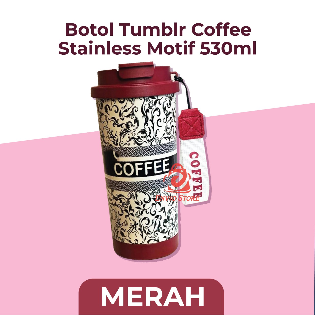 Botol Tumblr Coffee Stainless MOTIF 530ml - MERAH (Free Tali Strap + Sedotan) (ST8193)