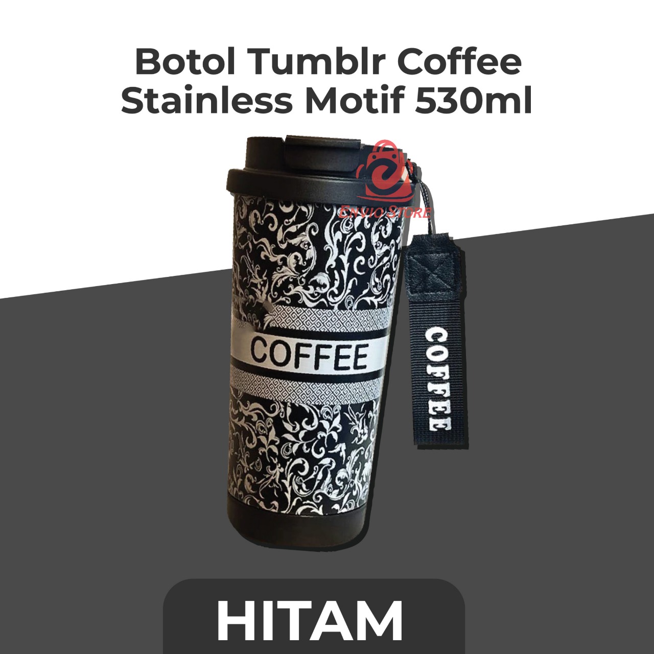 Botol Tumblr Coffee Stainless MOTIF 530ml - HITAM (Free Tali Strap + Sedotan) (ST8193)